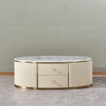 Beige Coffee Dining Table With 2 Drawers 20mm Faux Marble On Top Golden