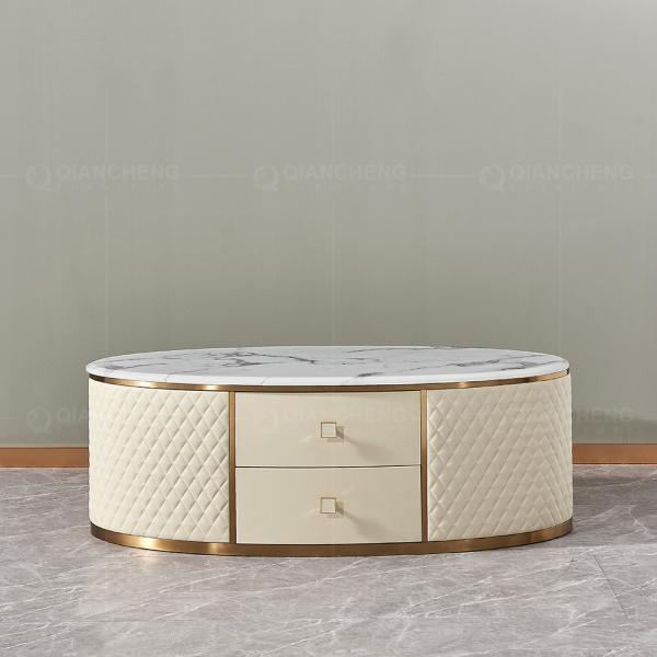 Beige Coffee Dining Table With 2 Drawers 20mm Faux Marble On Top Golden