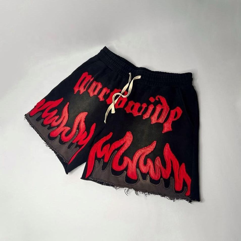 Acid Wash Cotton Shorts Sun Faded French Terry Patch Embroidery Distresses Vintage