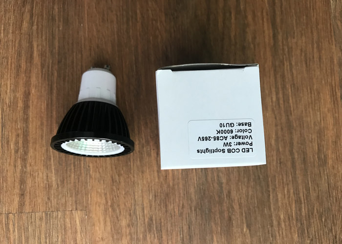 Gu10 Cob Led Spot Bulbs Black Color 3w 90lm / W 80ra For Indoor Lighting