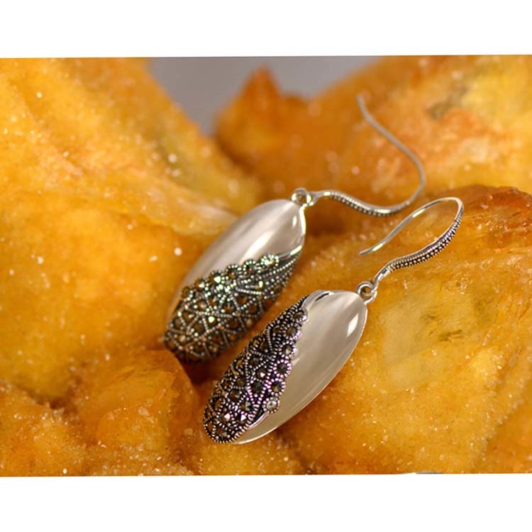 Thai Sterling Silver White Opal Marcasite Dangle Drop Earring(E12287WHITE )