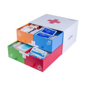 China Cardboard First Aid Kit Boxes 4 Compartments For Cleansing Burncare Woundcare And Fever Care factory