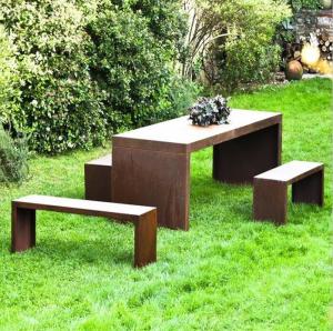 China Natural Rusted Geometric Metal Furniture Corten Steel Outdoor Table With Bench Set factory