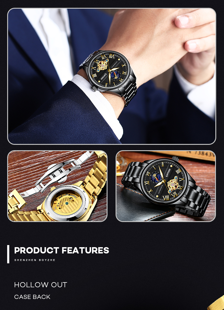 KINYUED luminous moon phase luxury black watch tourbillon automatic mechanical watch for men