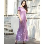 hot sale polyester short sleeve long women Bodycon evening beaded dress with