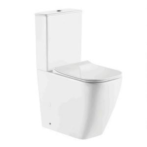 China Rectangular Bowl Rimless Close Coupled WC Toilet Pan Two Piece Toilet Bowl with Soft Close Seat Cover and Thin Tank Cover for Russia Market on sale