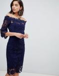 custom make off shoulder frill sleeve navy crochet dress