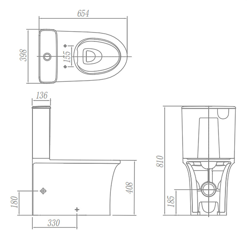 Washdown Two Piece Ceramic Toilet 654*398*810mm For Bathroom