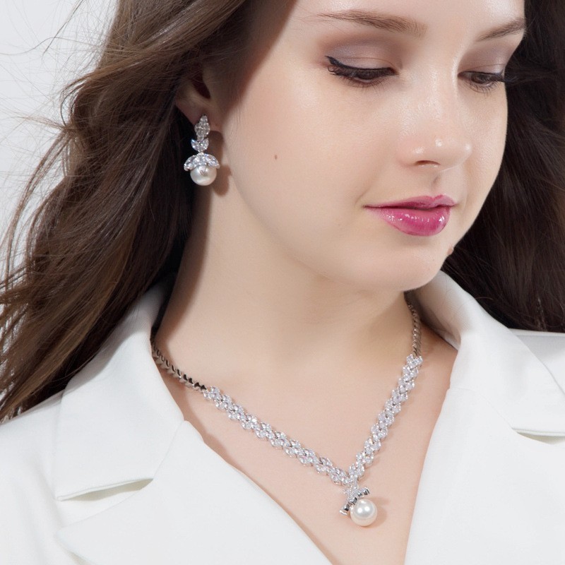 Pearl Necklace Set Earrings Rings Women CZ Wedding Jewelry Sets 2021 NewWedding Jewelry Sets