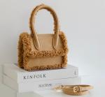 18cm Womens Leather Bag Lamb Wool Plush Brown Suede Handbag