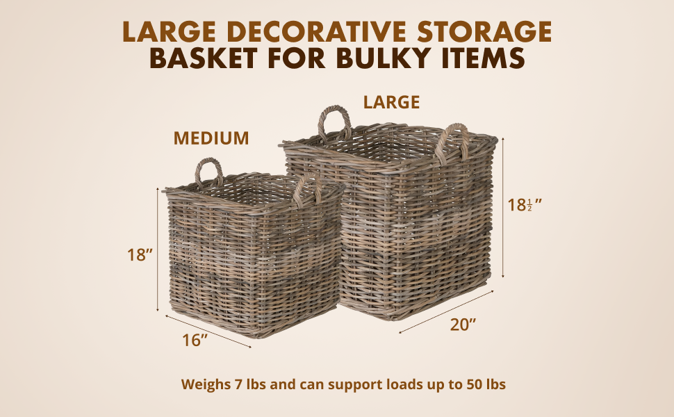 KOBO SQUARE RATTAN BASKET-LARGE-GRAY-BROWN