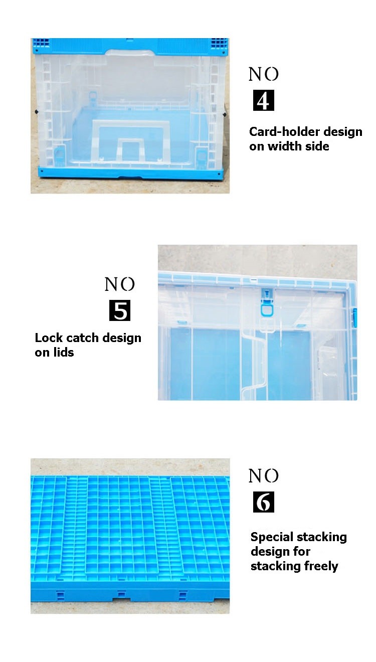 650*440 mm Series Plastic Collapsible Tote Boxes Attached Lids Stacking