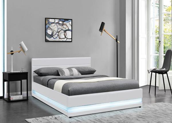 White Leather Gas Lift Storage Double Bed Modern Fabric Upholstered With LED