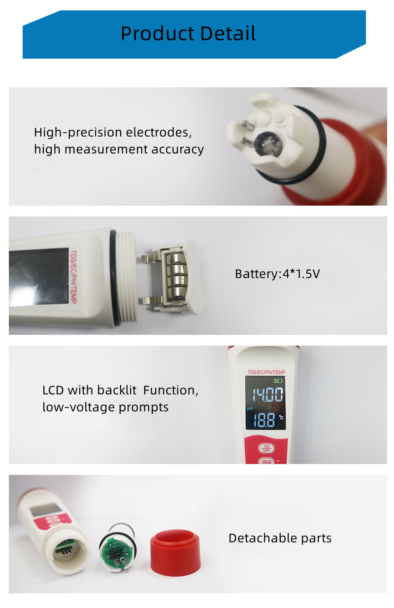 Multi-function PH/EC/TDS/TEMP Meter 4 in 1 Pen-Type Water Tester for Drinking Water Fast