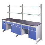 Blue Steel / Wood Science Laboratory Wall Bench With Reagent Shelf