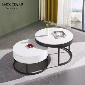 China Vintage White Luxury Marble Top Coffee Table With Drawer Storage Black Steel Base factory
