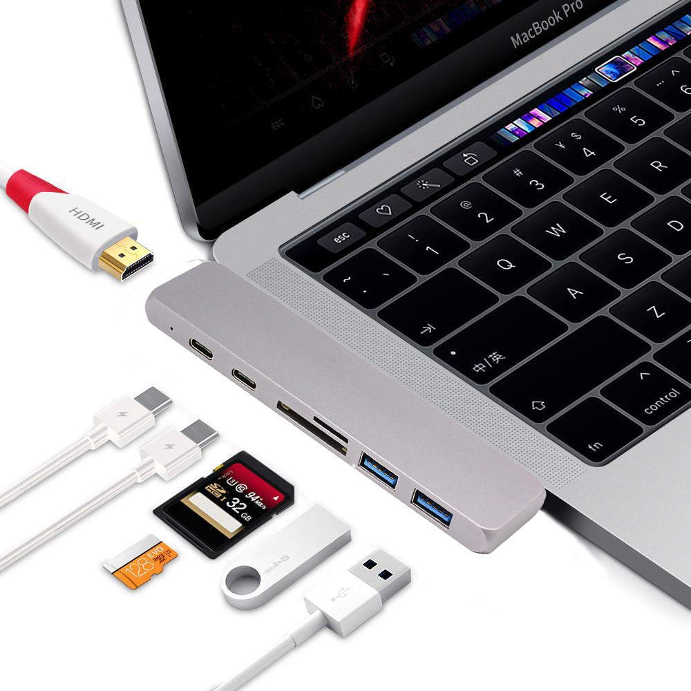 7 in 1 Dual Type-C Docking Station Thunderbolt 3 Hub for 2016/2017/2018 MacBook Pro with 100W Power Delivery
