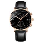 Chronograph Function Alloy Men Quartz Wristwatch Black Genuine Leather Strap