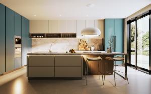 China Custom Modular Cupboards Elegant Wood Kitchen Cabinet For Hotel factory