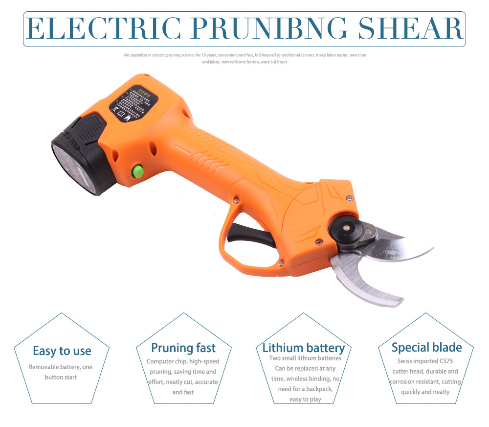 Swansoft 2.5CM Battery Orchard Pruner 16. 8V Cordless Strong Steel Blade Garden Trimmer Plant Secateurs with 2 batteries