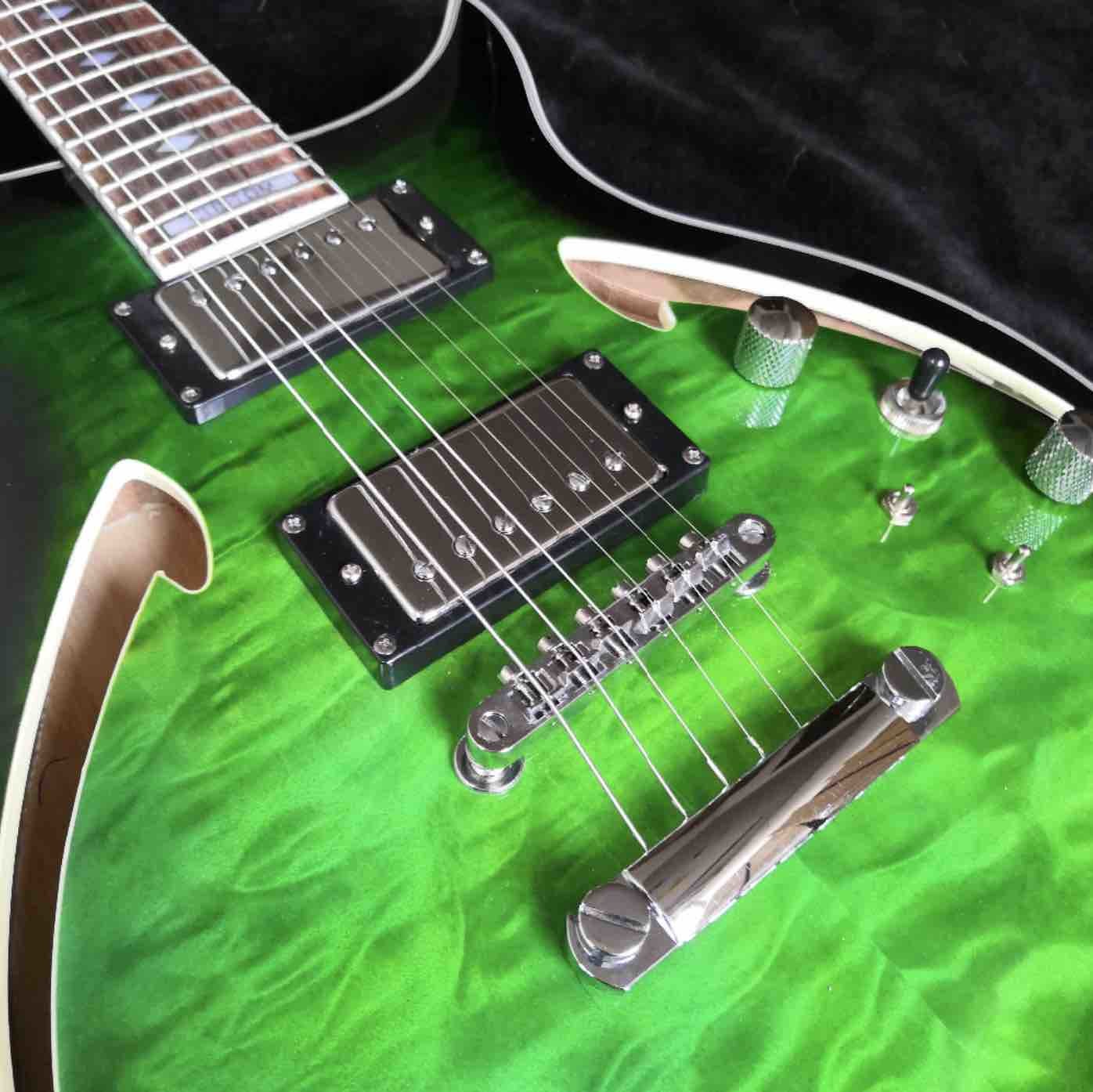 Grand guitar Hollow body AAA Quilted maple top Green waves electric guitar free shipping
