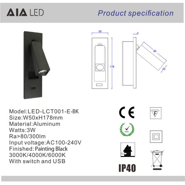 Hotel flat 2.1A 5V USB reading light flexible bedside wall lamp hotel bed headboard study bed wall light bedroom