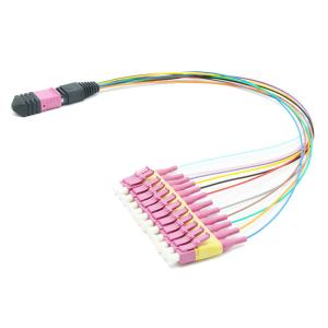 China 0.9mm Fiber Optic Patch Cord OM4 12F MPO Male To LC Fan Out Cable factory