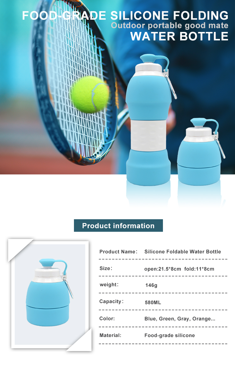 580ML Collapsible Silicone Water Bottle , Sports Compressible Water Bottle