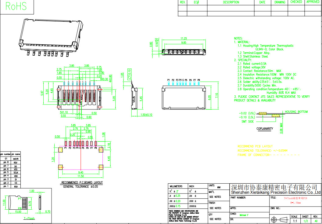 Thermoplastic Short Body Memory Card Connectors Slot Socket ISO9001