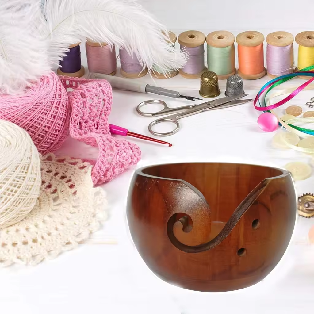 Handmade Wooden Bowl Storage Crochet Knitted Yarn Bowl With Hole