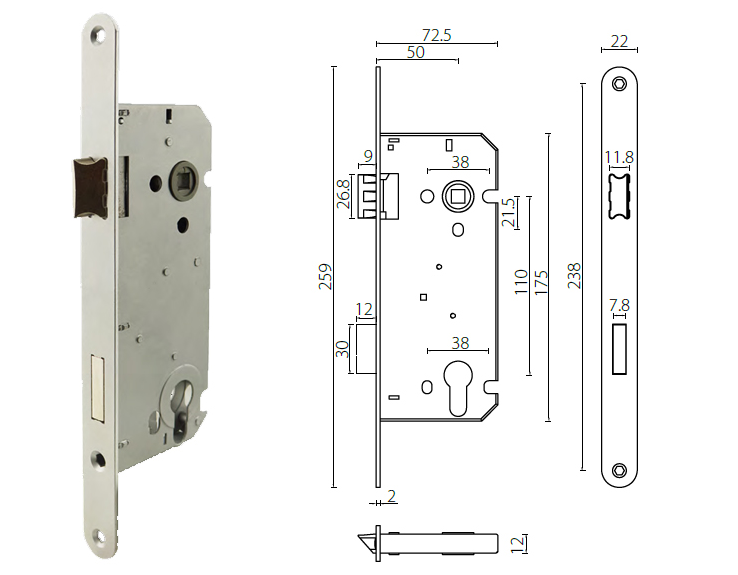 Certifire Stainless Steel Mortice Door Lock for Fire Door 4 hour EN1634 Fire Tested EN12209 and CE Marking