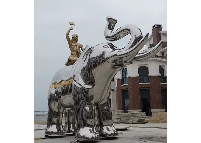Life Size Brass Man Sitting Stainless Steel Elephant Sculpture