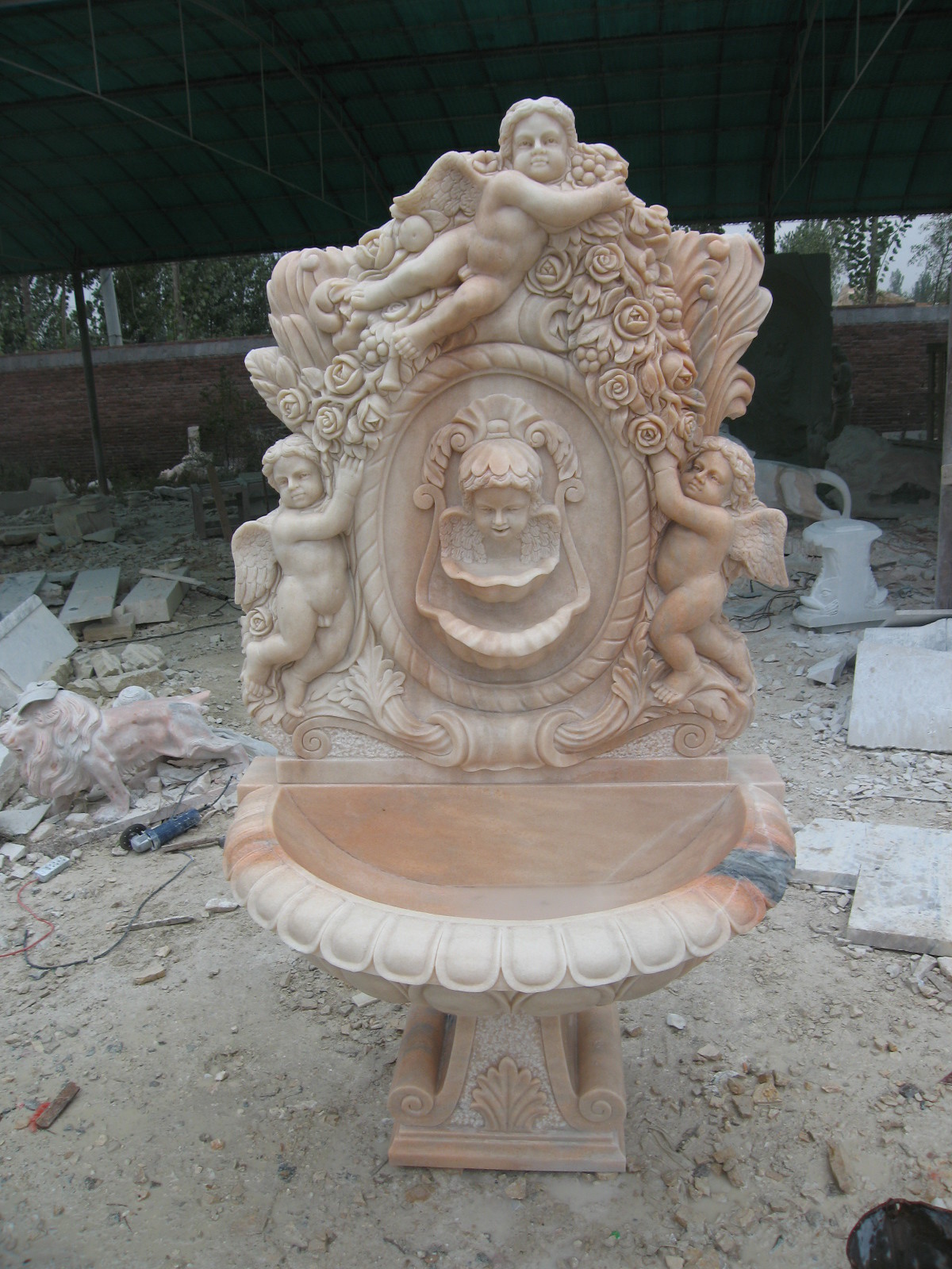 Angel With Wings Statue Carved Stone Marble Fountain Column