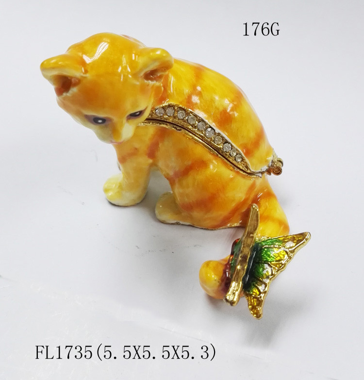 Cat shape trinket box with rhinestone for new jewelry boxes cat enamel cat trinket jewelry box