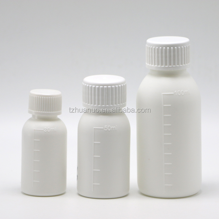 30mL/50mL/100mL PP White Liquid Medicine Bottle with Scaled Body and Screen Printing