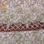 Nigerian Styles Gold Beaded Lace Fabric Handmade Tulle Embroidery 135cm Width