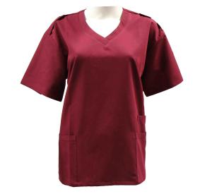 China 155 GSM Polyester 65% / Cotton 35% Women V Neck Short Sleeves Dull Red Medical Scrubs Antimicrobial factory