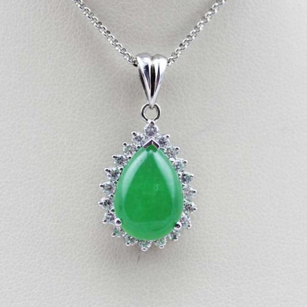 Women Jewelry 925 Silver Pear Shaped Green Jade Cubic Zirconia Pendant Necklace