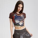 2024 Summer O Neck Tight Slim Fit Cotton Cropped T shirt Short Sleeve Y2k Crop