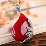 Vintage Jewelry 925 Silver Red Agate Marcasite Drop Pendant Necklace 18 Inches