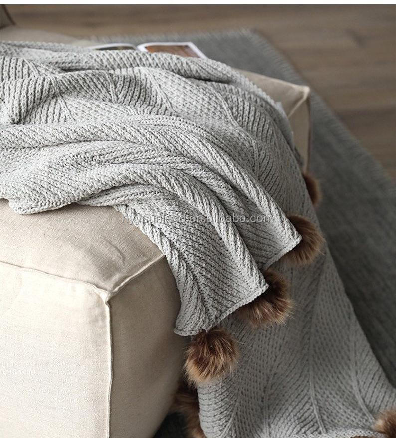 Y-F Home Decor New Nordic Style Soft Fluffy Chenille Knitted Pom Pom Tassel Sofa Throws Plush Couch Crochet Blanket