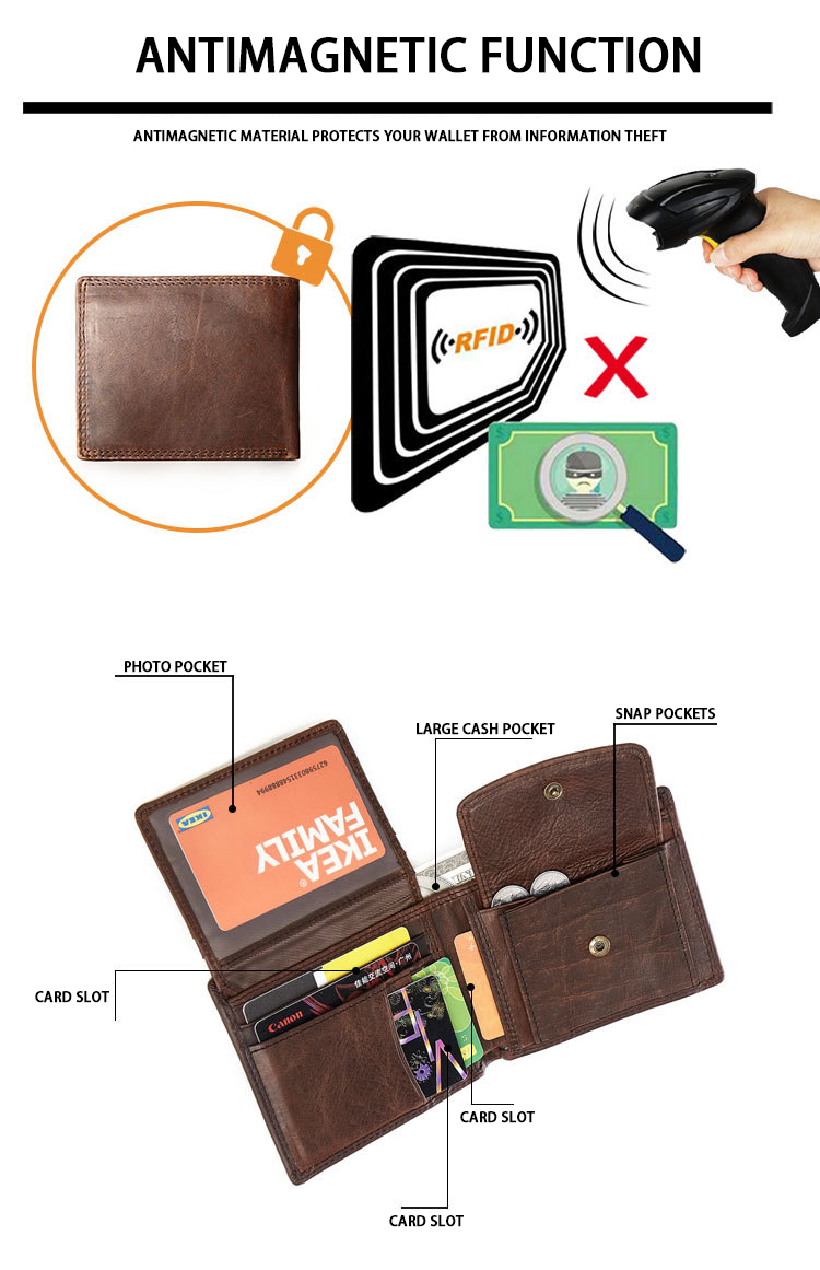 Top Grain Real Leather Vintage Designer Slim Laser Engraving RFID Men's Leather Wallet