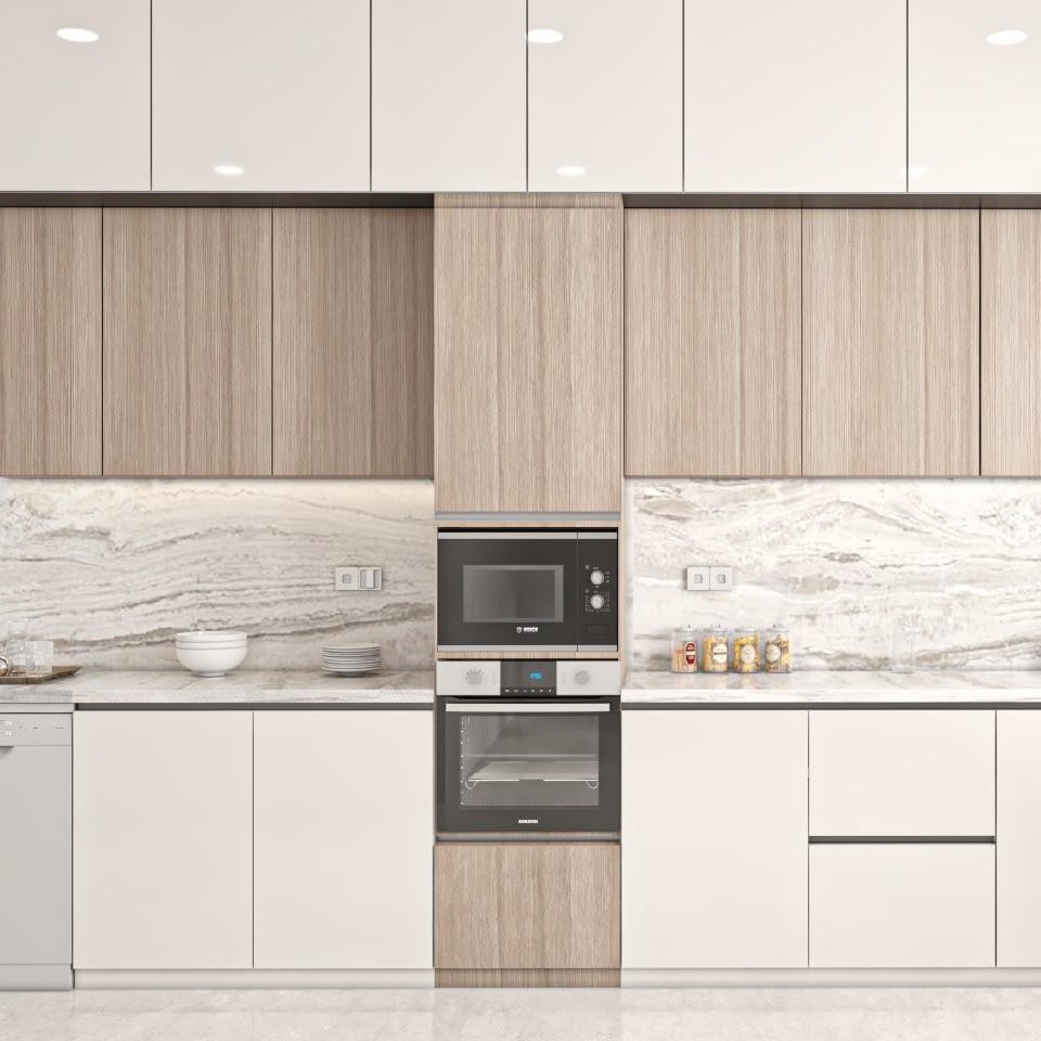 Apartment Project Full Set Smart Modern Style Custom Cabinet Wood Grain Kitchen Cabinet For Contractors