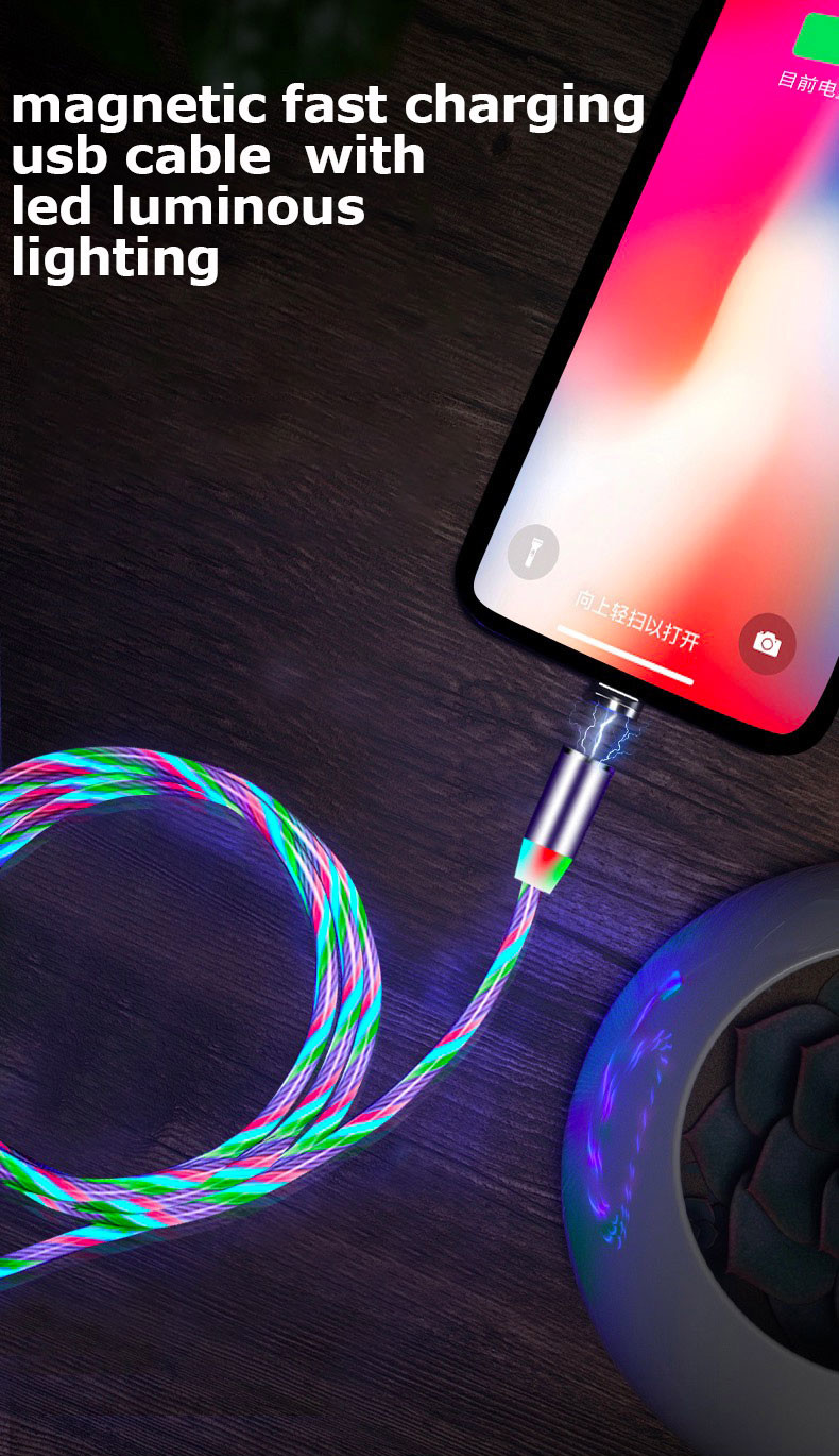 2.4A Micro USB Phone Charger Cable 8 pin Type C 3 In 1 Magnetic Cable LED Light