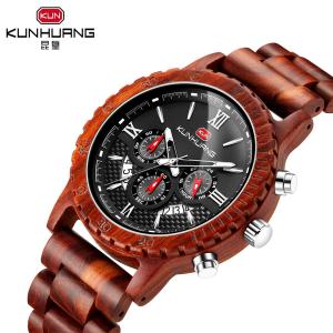 China 6 Hands Sporty Red Sandal Wooden Wrist Watch Black Dial Anolog Display factory