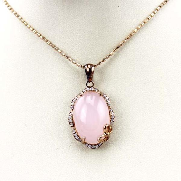 Rose Gold Plated Sterling Silver Oval 14mmx20mm Rose Quartz Pendant Necklace