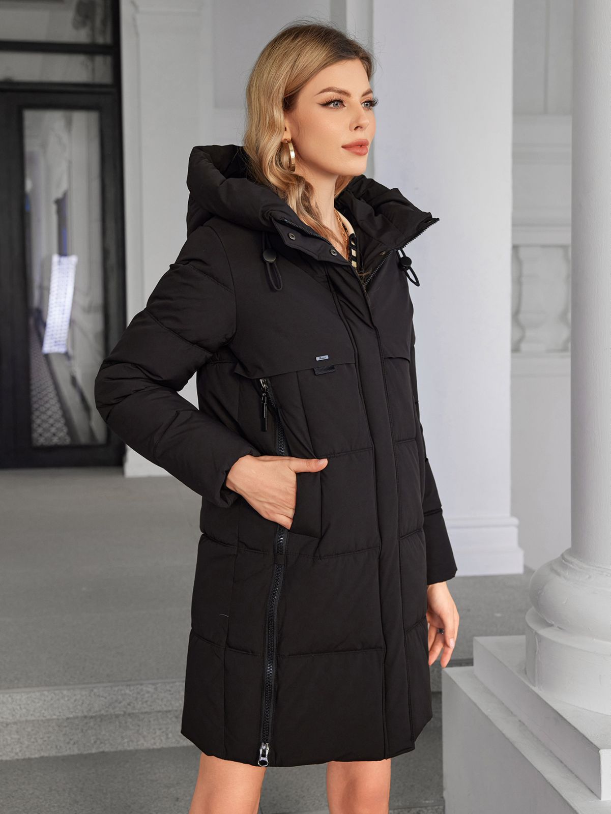 Classic Four Pocket Mid-Length Thickened Down Jacket, machine washable, woman winter coat, down jacket, bio down jacket, dark colour, wind proof, water proof