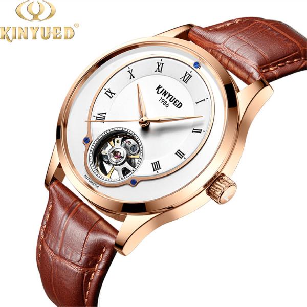 KINYUED tourbillon mens automatic watch skeleton mechanical water resistant