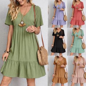 China 2023 Summer European and American Female Skirt Loose Casual Short Sleeve Waist Casual Dress factory