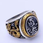 Mens 925 Silver Golden Two Tone Retro Dragon Black Silver Ring (XH047664W)